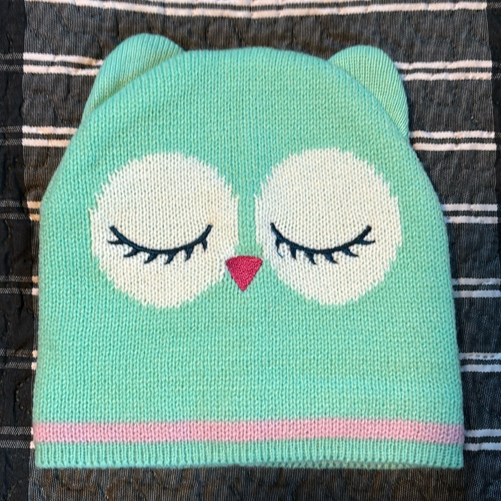Sleepy Owl Child’s Knit Beanie Hat Toddler one size NWOT acrylic Teal Pink